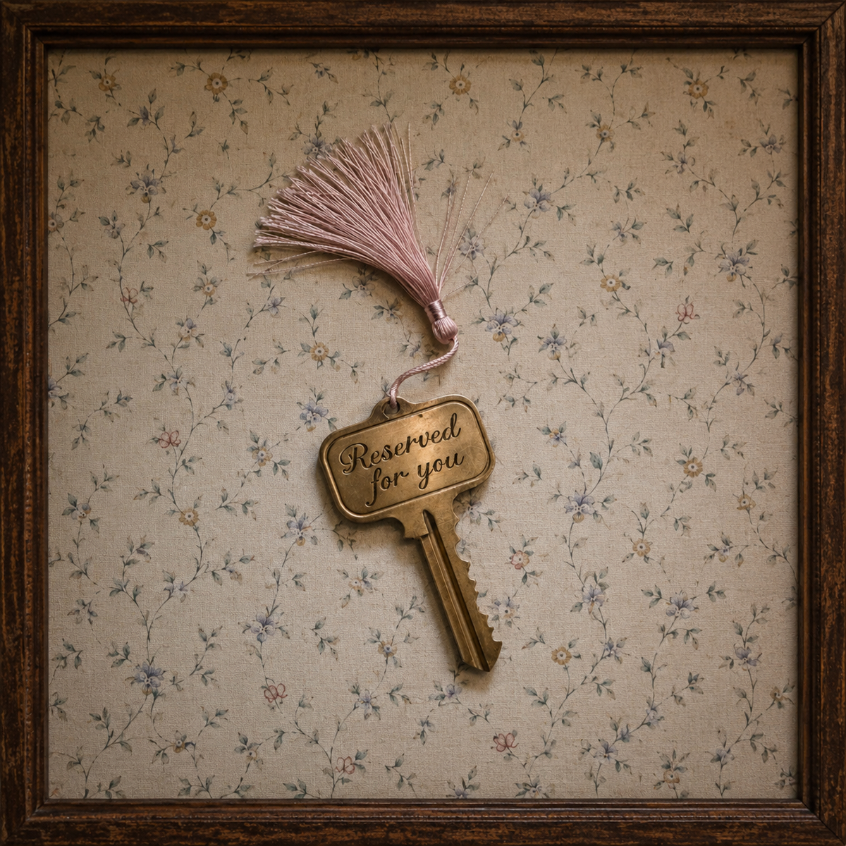 Vintage hotel key with a tassel engraved reserved for you, on floral wallpaper